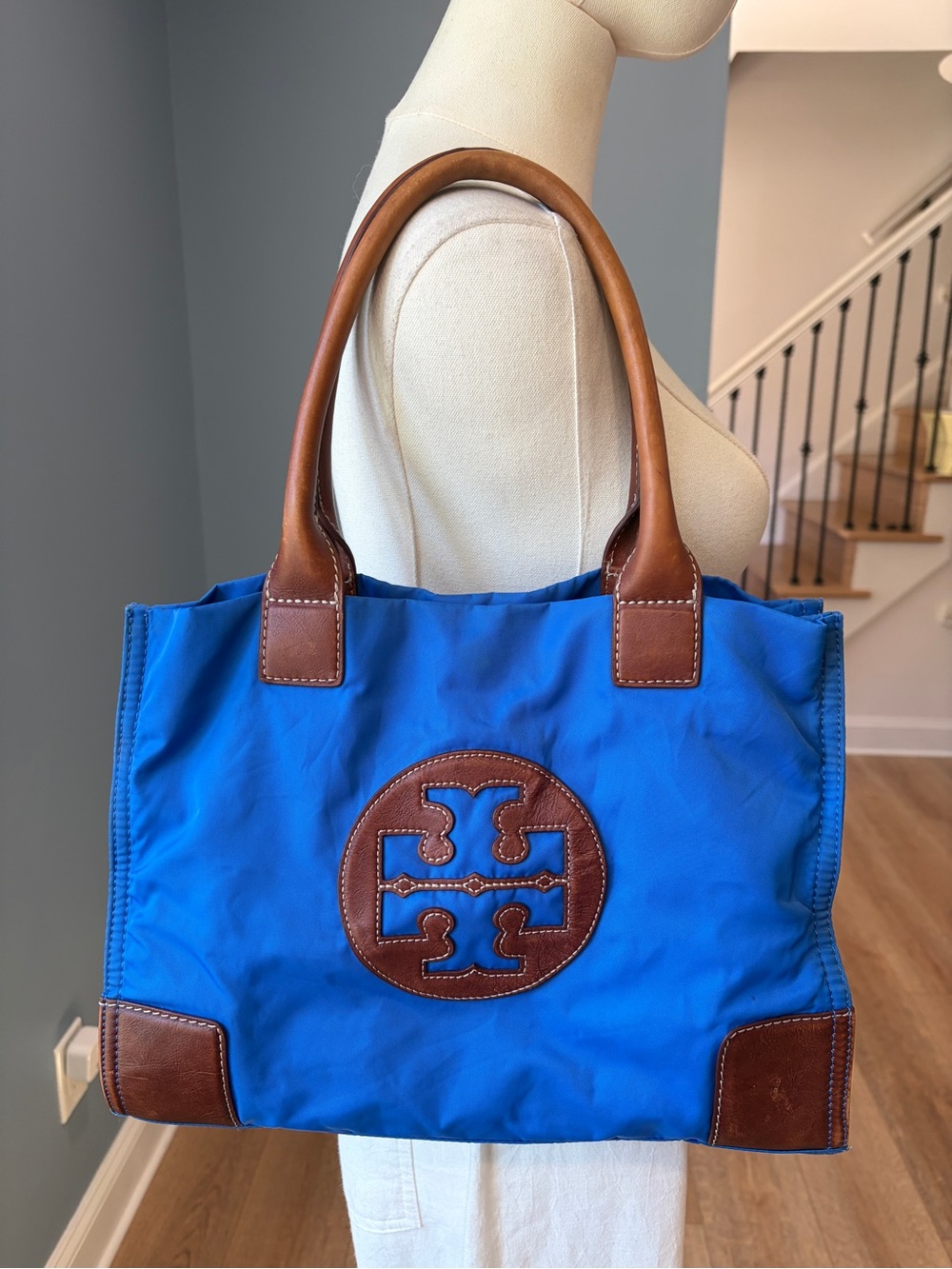Tory Burch Ella Royal Blue Nylon Leather Logo Tote Brown Handles Medium